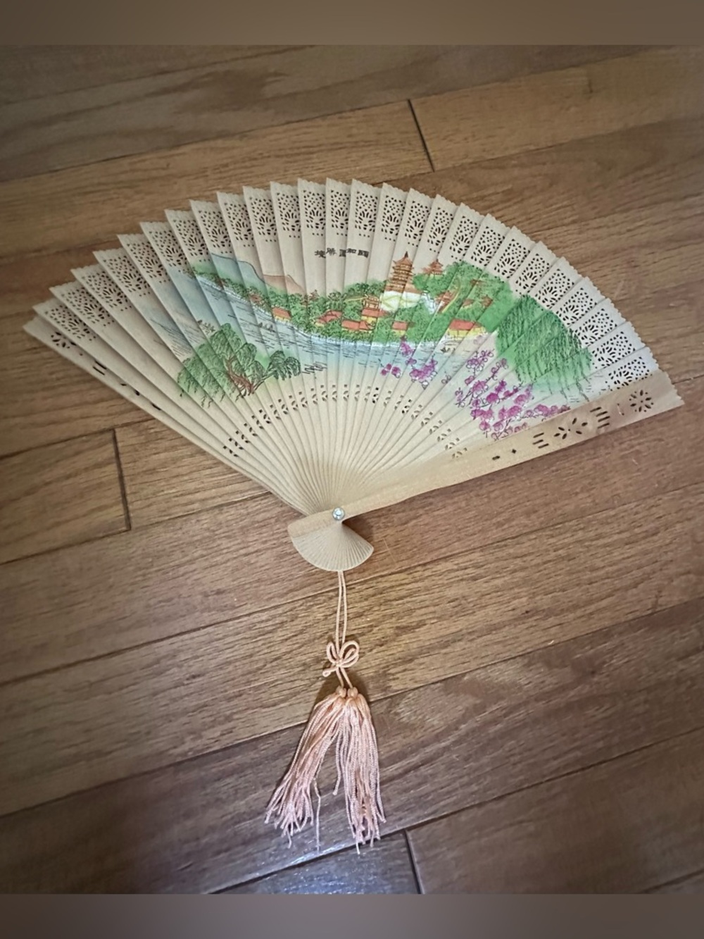 Vintage Carved Sandal Wood Hand Painted Fan with Original Box with Glass Lid